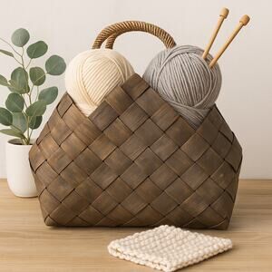 Rustic Flax Woven Basket Dark Wood Tote Farmhouse Decor Bag Purse w/ Handles